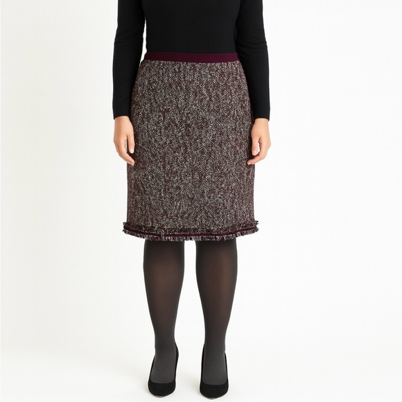 Talbots Skirt 14 Wool Blend Tweed Pencil Fringe Hem Burgundy Preppy Chic - Picture 1 of 10